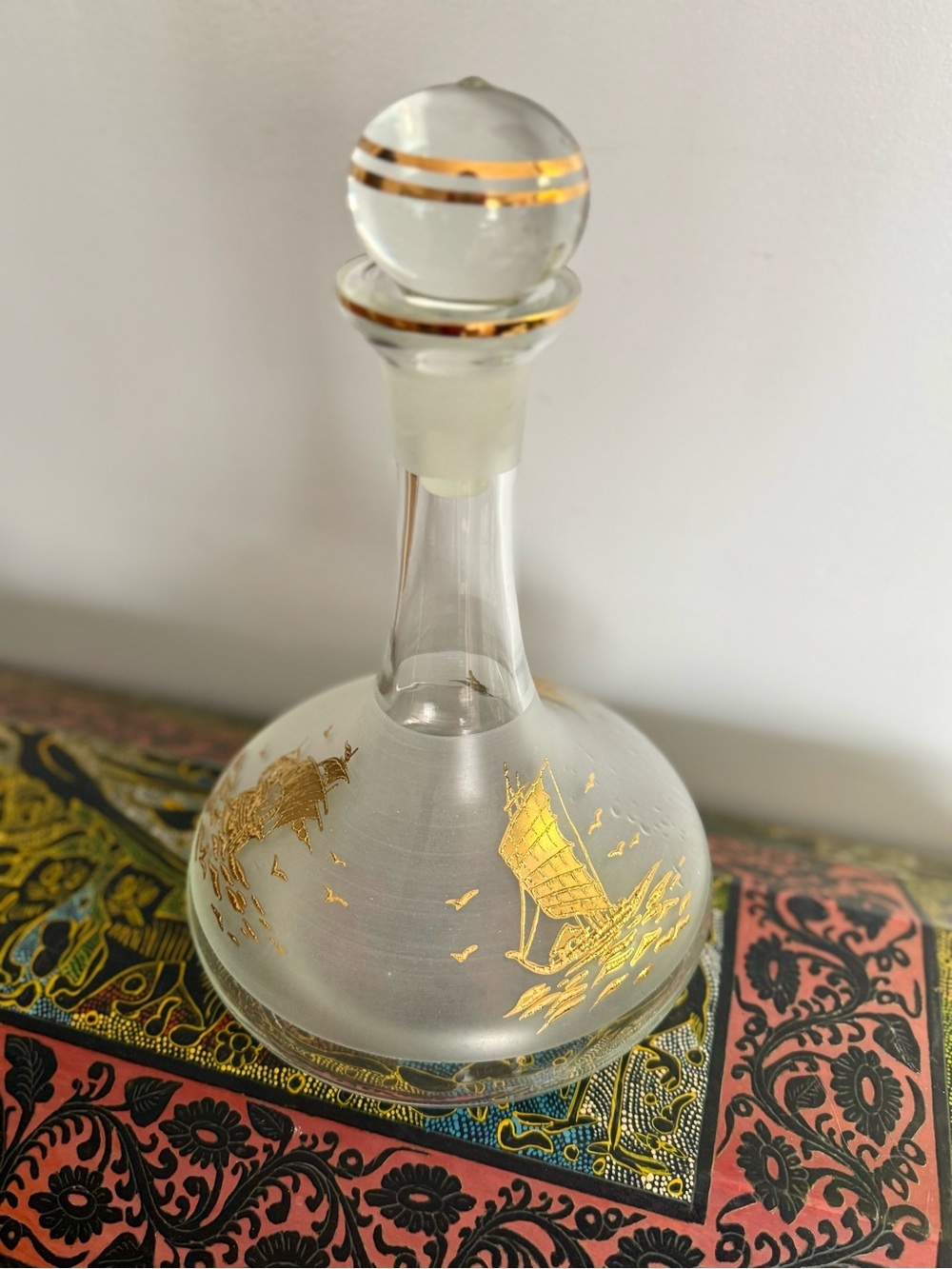 Rare Bohemia Crystal Decanter Frosted Glass with 22K Gold Nautical Design - Picture 2 of 10
